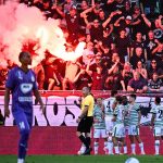 A gólszerző Bamidele Yusufnak, a Ferencváros játékosának (j3) gratulálnak csapattársai a labdarúgó OTP Bank Liga 7. fordulójában játszott Ferencvárosi TC - Újpest FC mérkőzésen a Groupama Arénában 2026. szeptember 6-án.