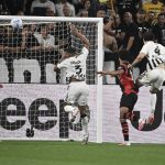 Juventus' Italian defender #04 Federico Gatti scores his team's first goal during the Italian Serie A football match between Juventus and AC Milan at the Allianz Stadium in Turin on September 6, 2026.