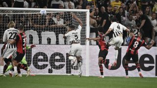 Juventus' Italian defender #04 Federico Gatti scores his team's first goal during the Italian Serie A football match between Juventus and AC Milan at the Allianz Stadium in Turin on September 6, 2026.