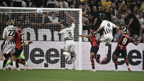 Juventus' Italian defender #04 Federico Gatti scores his team's first goal during the Italian Serie A football match between Juventus and AC Milan at the Allianz Stadium in Turin on September 6, 2026.