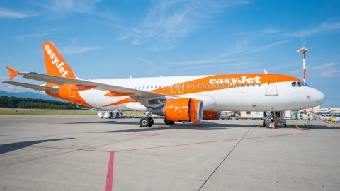 Orange and white easyJet airplane parked on the tarmac under a blue sky at the airport, with ground support equipment nearby.