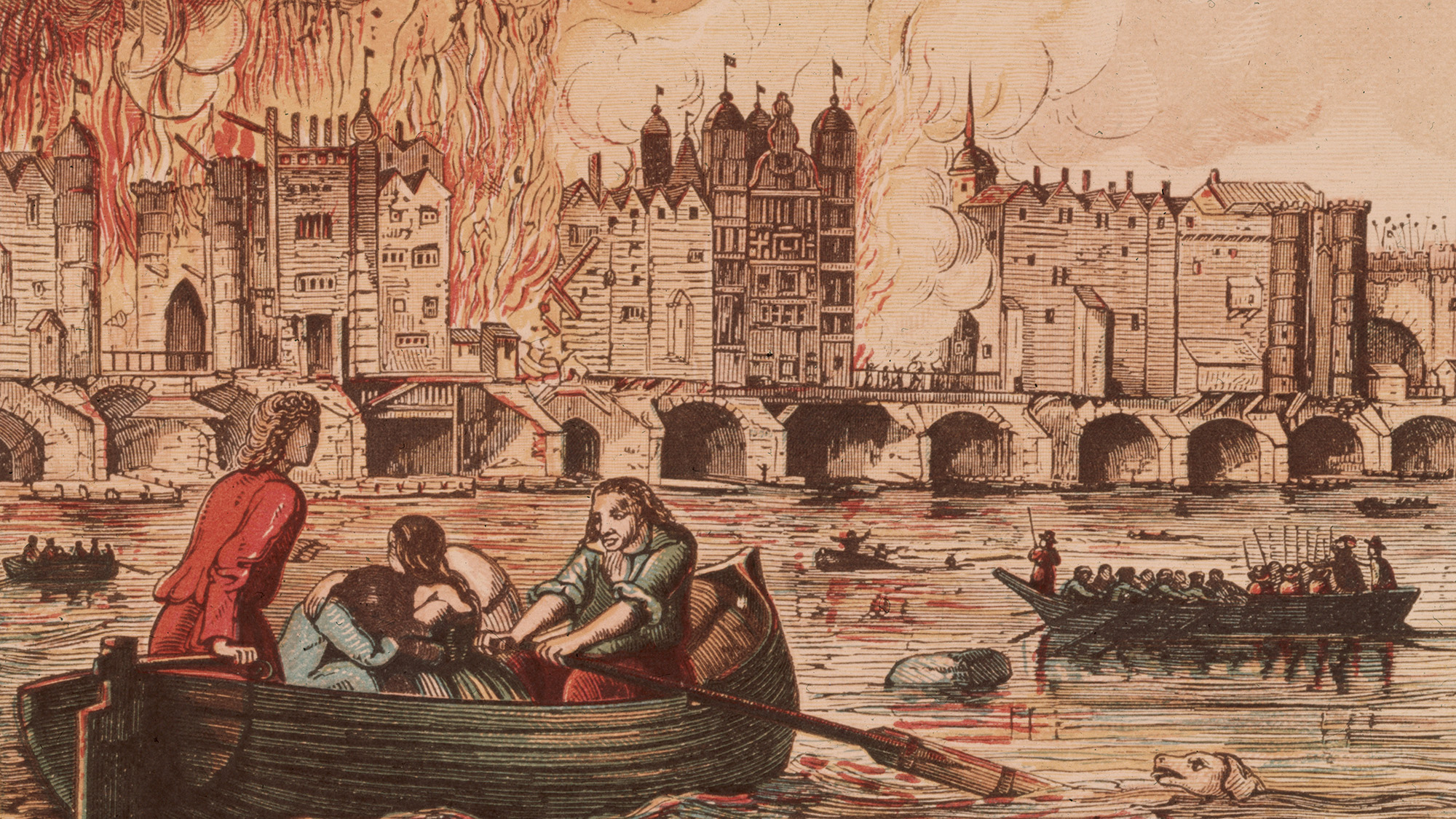 Illustration of a walled city along a river burning with tall flames and smoke, with people in boats in the foreground.