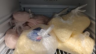Frozen foods in a freezer: bags of shredded cheese and sliced deli meat in plastic bags.