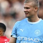 Manchester City's Norwegian striker #09 Erling Haaland looks on during the English Premier League football match between Manchester United and Manchester City at Old Trafford in Manchester, north west England, on September 13, 2026.