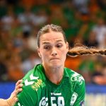 Helena Elver, a Győr (k) és Stine Eiberg Jorgensen, a Nyköbing Falster játékosa (b) a női kézilabda Bajnokok Ligája 2. fordulójának Győri Audi ETO KC - Nyköbing Falster mérkőzésén Győrben 2026. szeptember 12-én.
