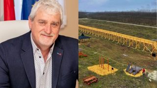 Split image: left shows a smiling man in a dark blazer seated indoors; right shows a long yellow elevated structure over a field with playground equipment under construction.