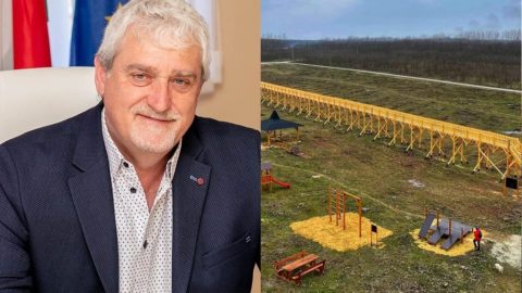 Split image: left shows a smiling man in a dark blazer seated indoors; right shows a long yellow elevated structure over a field with playground equipment under construction.
