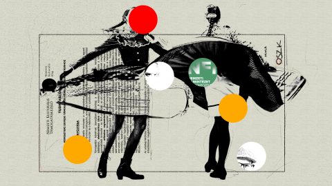 Abstract collage: black silhouettes of riders on a horse inside a bordered panel, overlaid with colorful circles on a textured background.