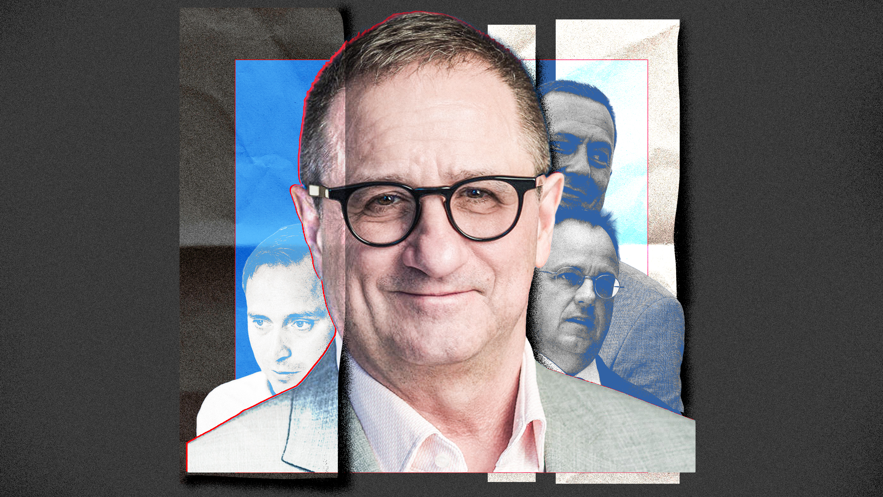 Center portrait of a man wearing black glasses, overlaid by blue and grayscale collage panels on a dark textured background.