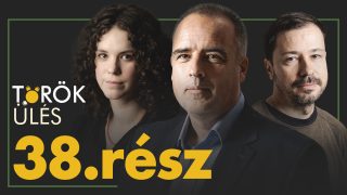 Promotional banner with three hosts' portraits against a dark background and large yellow text reading '38. rész' with a green border frame.
