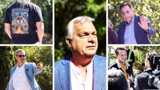 Outdoor press conference collage: several men in suits being interviewed by the media.