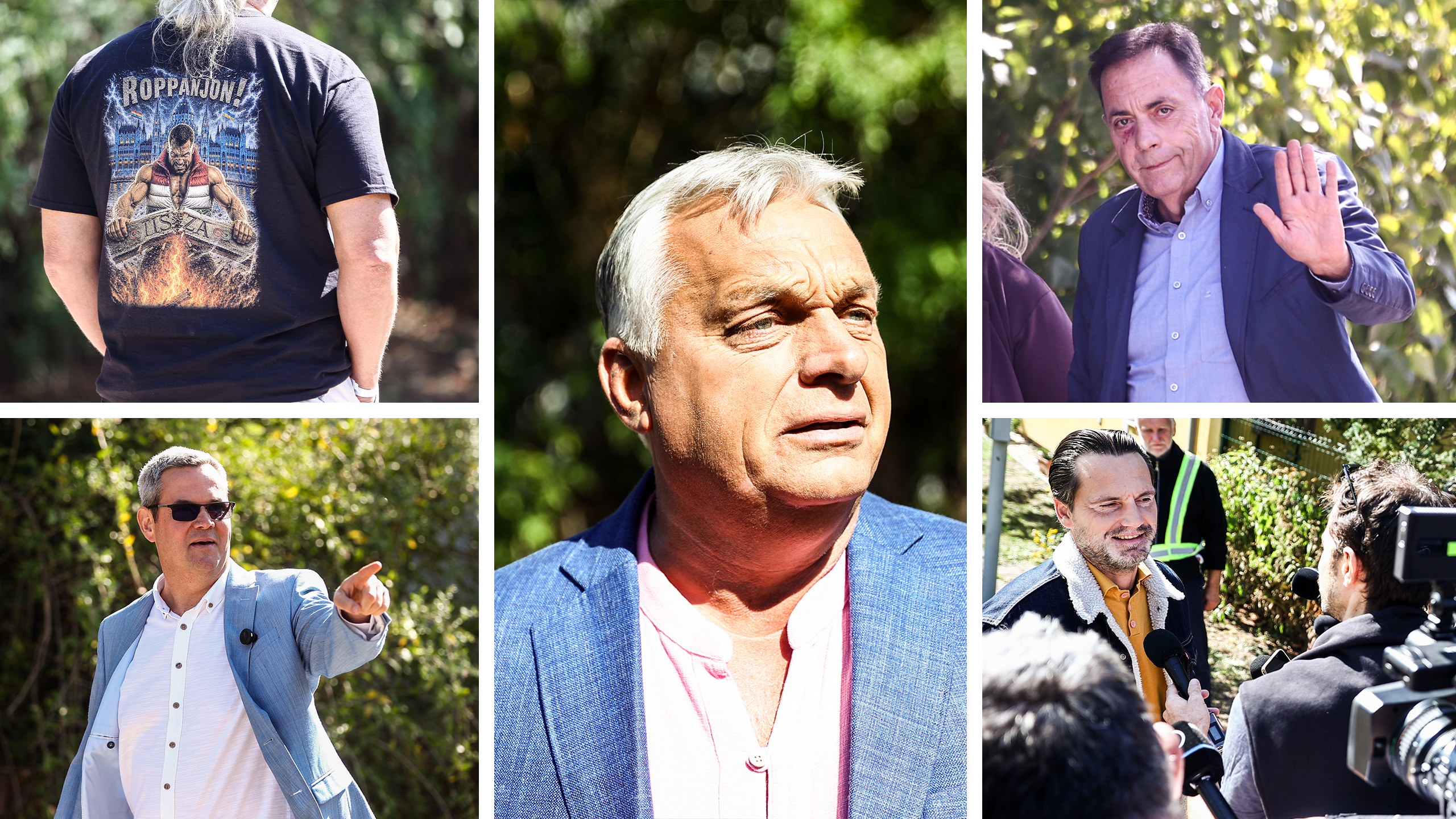 Outdoor press conference collage: several men in suits being interviewed by the media.