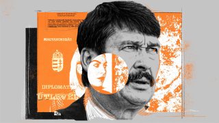 Collage of a grayscale man’s face over an orange Hungarian document with the word MAGYARORSZÁG and a seal emblem.