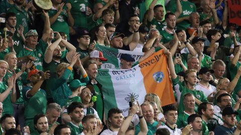 Irish fans support their team during the international football friendly match between Canada and Ireland ahead of the 2026 FIFA World Cup tournament at Saputo Stadium in Montreal, Canada, on June 5, 2026. (Photo by Horacio Zamora/Eyepix Group/NurPhoto)