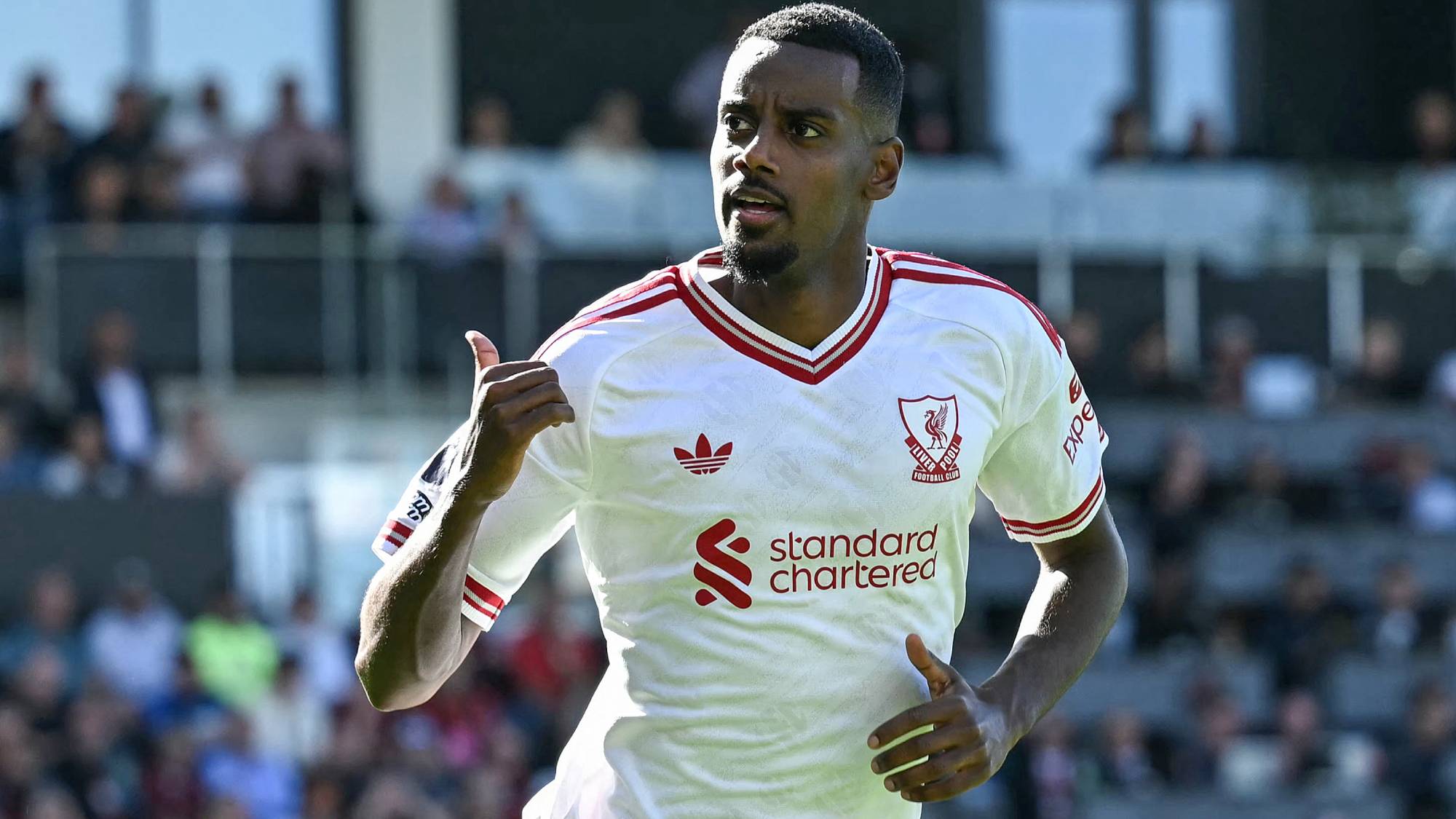 Liverpool's Swedish striker #09 Alexander Isak celebrates after scoring his team's first goal during the English Premier League football match between Bournemouth and Liverpool at the Vitality Stadium in Bournemouth, southern England on September 20, 2026.