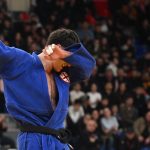 TBILISI, GEORGIA - MARCH 22: Luka Javakhishvili of Georgia (white) reacts after defeating Akaki Japaridze of Georgia (blue) in the Men's -90kg bronze medal contest during Tbilisi Grand Slam 2026 at New Sports Palace on March 22, 2026 in Tbilisi, Georgia. (Photo by Levan Verdzeuli/Getty Images)