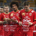 A One Veszprém HC játékosai ünnepelnek a kézilabda klubvilágbajnokság B csoportjának 3., utolsó fordulójában.
