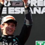 Mercedes' Italian driver Kimi Antonelli celebrates on the podium after the Spanish Formula One Grand Prix at the Madring circuit on September 13, 2026 in Madrid.