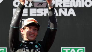 Mercedes' Italian driver Kimi Antonelli celebrates on the podium after the Spanish Formula One Grand Prix at the Madring circuit on September 13, 2026 in Madrid.