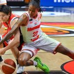 Two female basketball players reach for the ball during a fast-paced game on a wood court, with a Hungary jersey visible on one player.