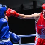 A későbbi győztes Kukhta Vladislava (pirosban) és Matesz Viktória a 103. Papp László ökölvívó országos bajnokság női 60 kilogrammos súlycsoportjának döntőjében Nyíregyházán 2026. július 18-án.