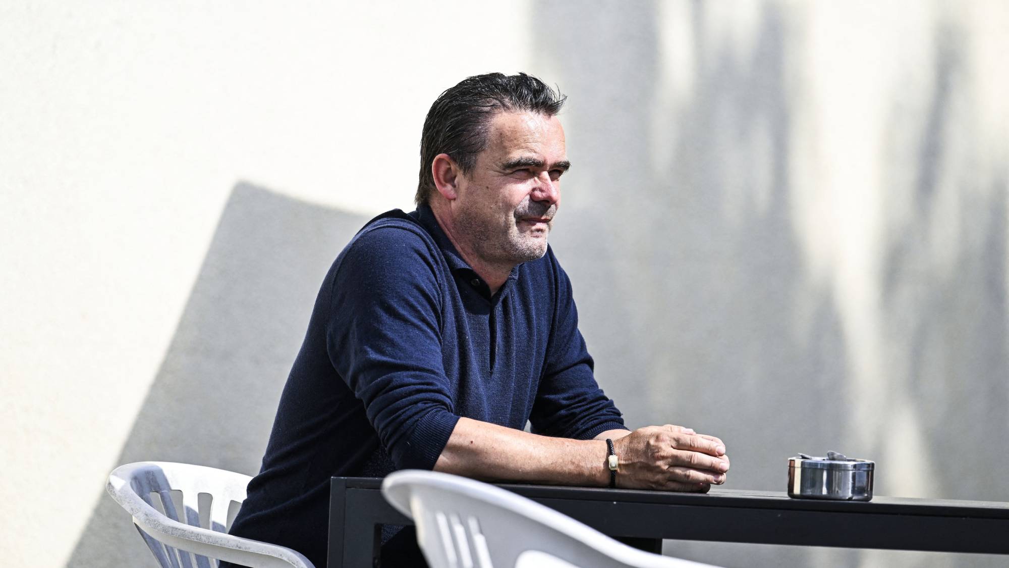 Antwerp's director of football Marc Overmars pictured during a training during the summer stage of Belgian soccer team Royal Antwerp FC, Tuesday 07 July 2026 in Iserlohn Germany, in preparation of the upcoming 2026-2027 first division season. BELGA PHOTO TOM GOYVAERTS