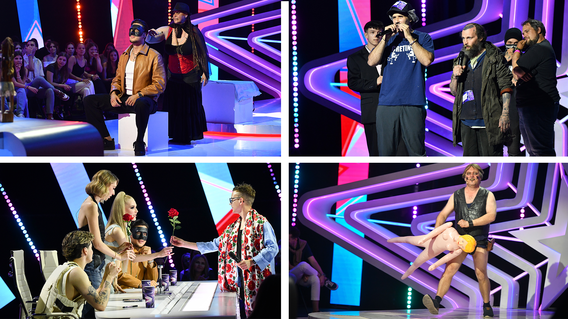 Televised talent show stage with a judge panel and an audience watching a performance.