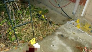 Backyard crime-scene: concrete area beside a house with a plant bed on the left and yellow evidence markers (41, 21, 36) scattered around, a white measuring tape on the ground, and a blurred object at the bottom.