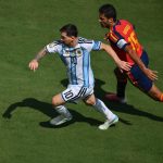 Argentina's forward #10 Lionel Messi (L) and Spain's midfielder #16 Rodri fight for the ball during the 2026 World Cup football tournament final match between Spain and Argentina at the New York/New Jersey Stadium in East Rutherford on July 19, 2026.