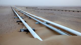Long white pipelines supported by concrete blocks run across a sandy beach toward the horizon under a gray sky, disappearing into the distance.