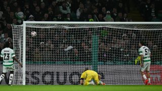 Celtic's Finnish goalkeeper #01 Viljami Sinisalo concedes the opening goal during the UEFA Europa League, League phase football match between Celtic and Ferencvaros at Celtic Park in Glasgow on September 17, 2026.