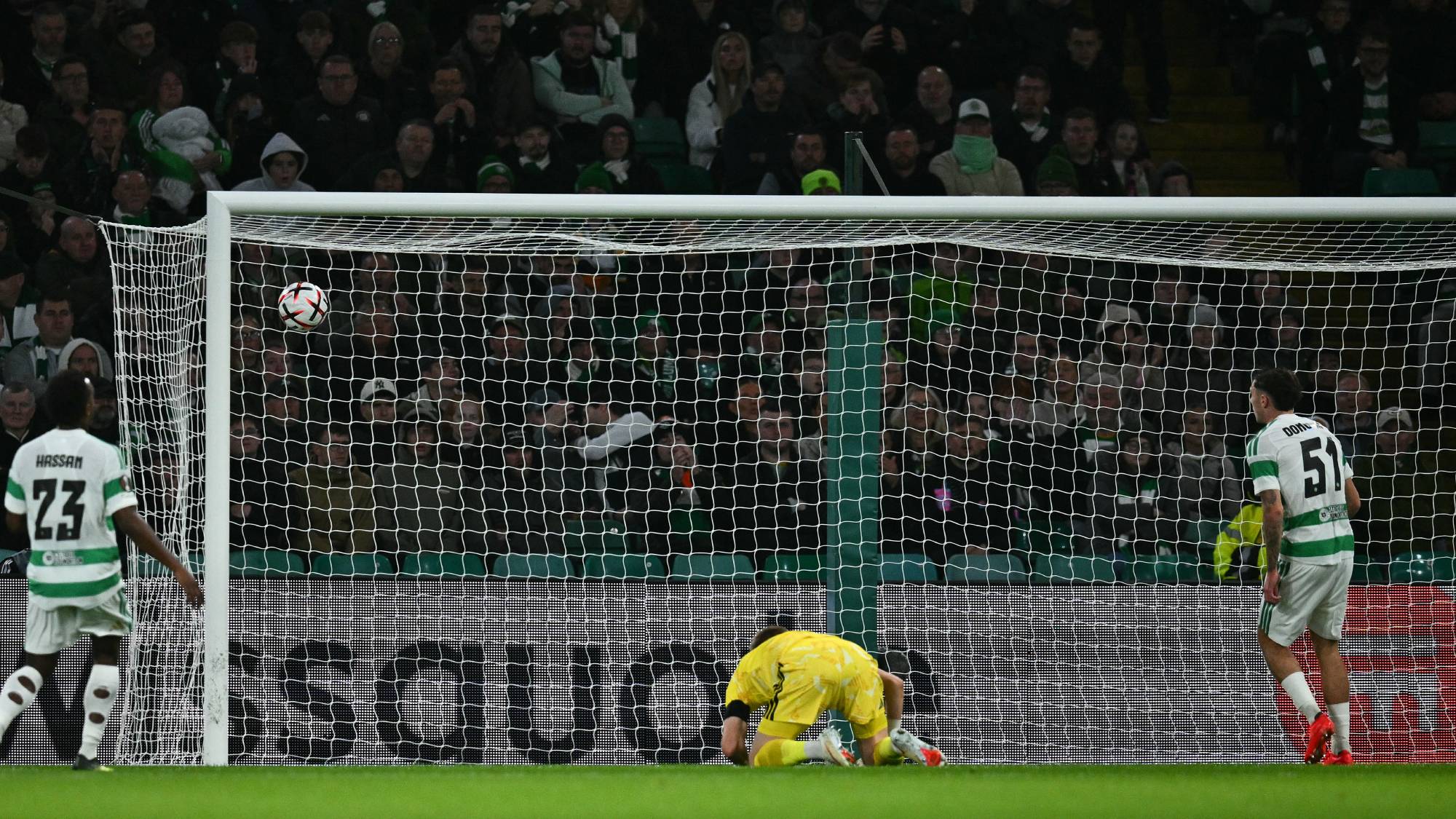 Celtic's Finnish goalkeeper #01 Viljami Sinisalo concedes the opening goal during the UEFA Europa League, League phase football match between Celtic and Ferencvaros at Celtic Park in Glasgow on September 17, 2026.