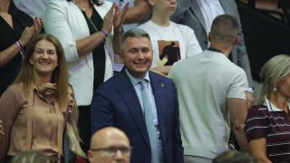 Radoslaw Piesiewicz attends the EuroBasket 2025 game between Slovenia and Poland in Katowice, Poland, on August 28, 2025. (Photo by Mateusz Birecki/NurPhoto)