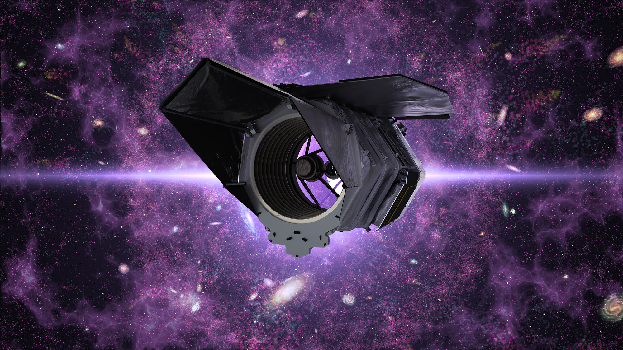 Space telescope with open panels floating in a purple nebula.