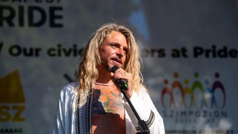Male singer with long blond hair performing on stage, holding a microphone close to his mouth.