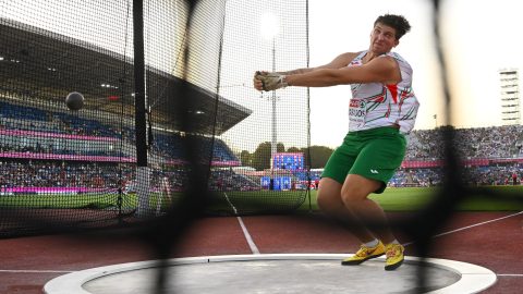 Szabados Ármin a férfi kalapácsvetés döntőjében a birminghami atlétikai Európa-bajnokságon 2026. augusztus 11-én.