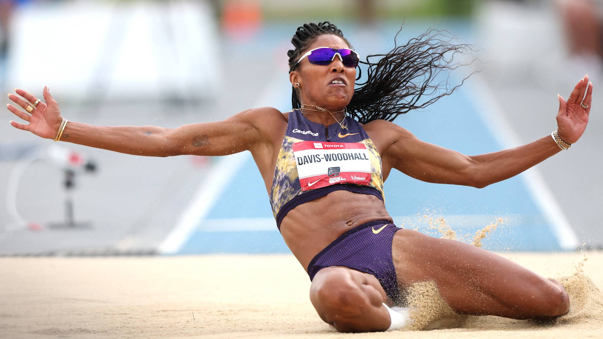 NEW YORK, NEW YORK - JULY 26: Tara Davis-Woodhall competes in the Women's Long Jump final during the 2026 USATF Outdoor Track & Field Championships at Icahn Stadium on July 26, 2026 in New York City. Caleb Bowlin/Getty Images/AFP