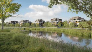 Modern multi-story residential buildings along a lakeshore, with green trees, a body of water, and a grassy wetland in the foreground (concept rendering).