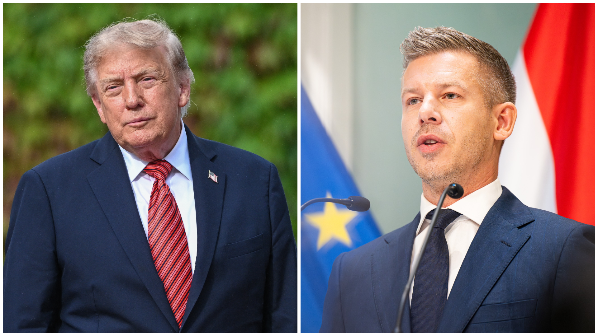 Split image of two men in dark suits: left is an older man outdoors with a red striped tie; right is a man indoors speaking at a podium with flags in the background.