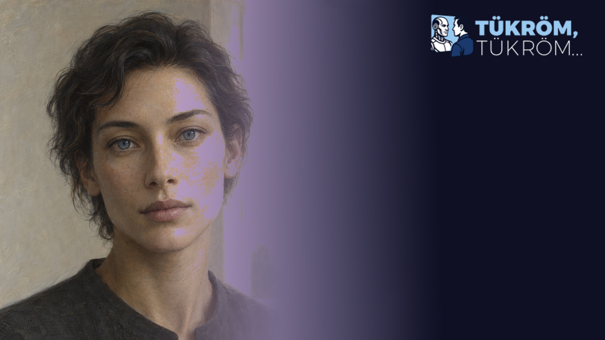 Portrait of a young woman with short dark hair facing slightly left, neutral expression, on a beige background with a purple gradient banner on the right and a TÜKROM logo in the top-right corner.