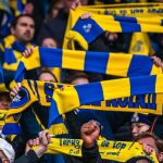 Ghent, East Flanders, Belgium, 26-11-2023. Royale Union Saint Gilles fans during an action of the Jupiler League Pro match KAA Gent vs Royale Union Saint Gilloise at the Ghelamco Arena. Photograph by Matteo Cogliati / Hans Lucas. Gand, Flandre orientale, Belgique, 26-11-2023. Supporter du Royale Saint Gilles au cours de une action du jeu du Jupiler League Pro match de football KAA Gent vs Royale Union Saint Gilloise a la Ghelamco Arena. Photographie de Matteo Cogliati / Hans Lucas.