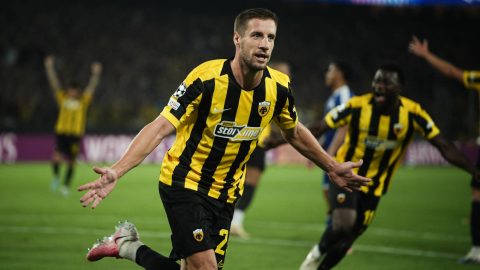 Barnabás Varga celebrates during the UEFA Champions League qualifying playoff - second leg football match between AEK Athens (AEK) and PFC Levski Sofia at the OPAP Arena in Athens, Greece, on August 26, 2026
