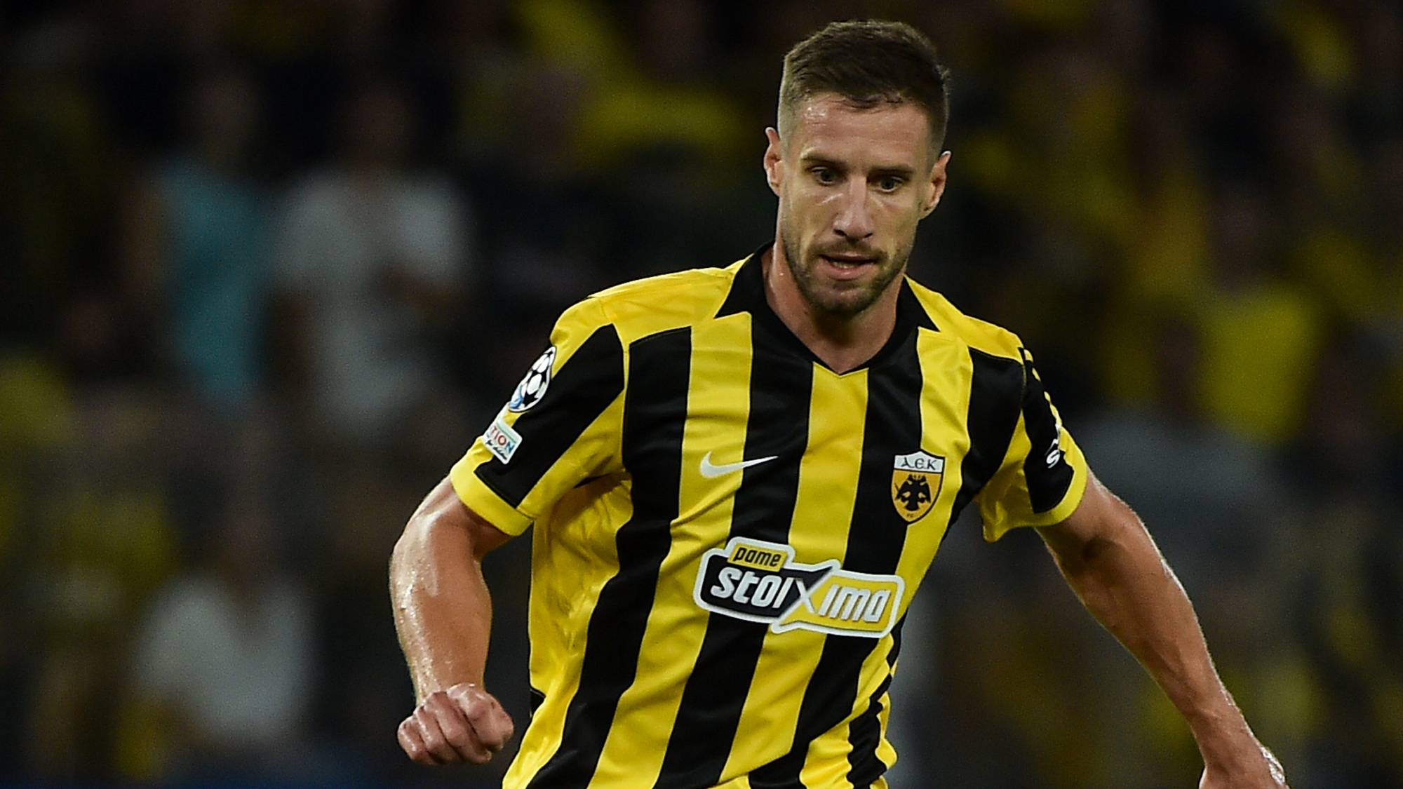 ATHENS, GREECE - SEPTEMBER 8: Barnabás Varga of AEK Athens during the UEFA Champions League 2026/27 League Phase MD1 match between AEK Athens and LASK at on September 8, 2026 in Athens, Greece. (Photo by Milos Bicanski/Getty Images)