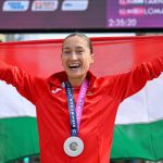 Az ezüstérmes Vindics-Tóth Lili Anna a célban a női maratonfutók versenyében a birminghami atlétikai Európa-bajnokságon 2026. augusztus 16-án.