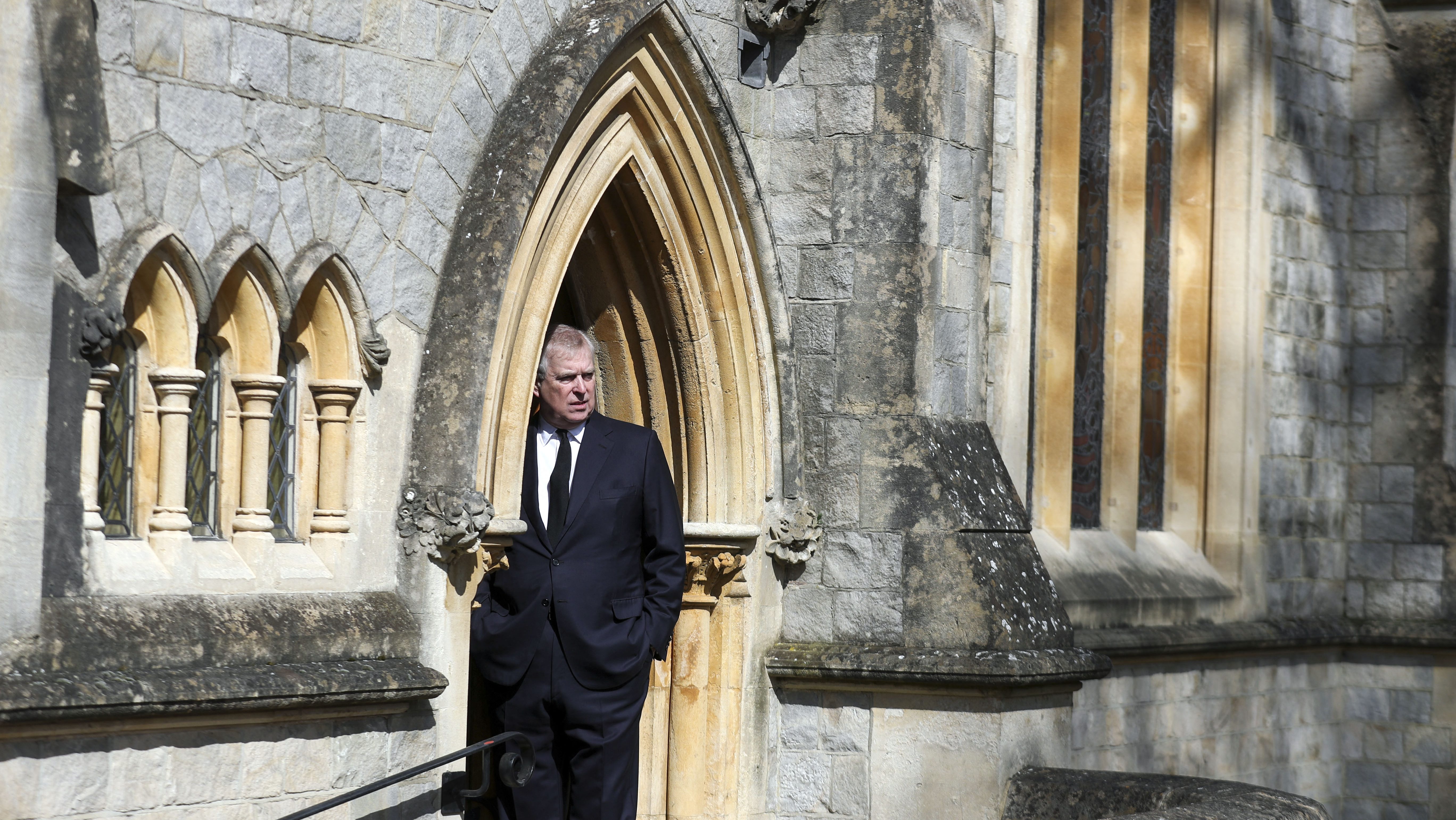 Britain's Prince Andrew, Duke of York, attends Sunday service at the Royal Chapel of All Saints, at Royal Lodge, in Windsor on April 11, 2021, two days after the death of his father Britain's Prince Philip, Duke of Edinburgh. Queen Elizabeth II has described feeling a "huge void in her life" following the death of her husband Prince Philip, their son Prince Andrew said on April 11. Andrew, the couple's second son, said following family prayers at Windsor Castle that his mother was "contemplating" her husband's passing after his death on April 9 aged 99. (Photo by Steve Parsons / POOL / AFP)