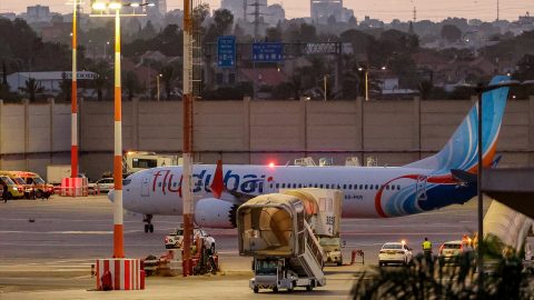 A flydubai Boeing 737 MAX 8 aircraft is pictured on the tarmac after landing at Israel's Ben Gurion Airport in Lod on September 30, 2026. A passenger on a rerouted flydubai flight that was bound for Tel Aviv said one of the pilots tried to crash the plane and kill everyone on board, after both pilots were found to be wounded on landing in Saudi Arabia. In the first comment by an official, Israel's far-right national security minister Itamar Ben Gvir alleged an attempted "terrorist" attack in the incident, in which none of the passengers reported injuries. (Photo by Jack GUEZ / AFP)