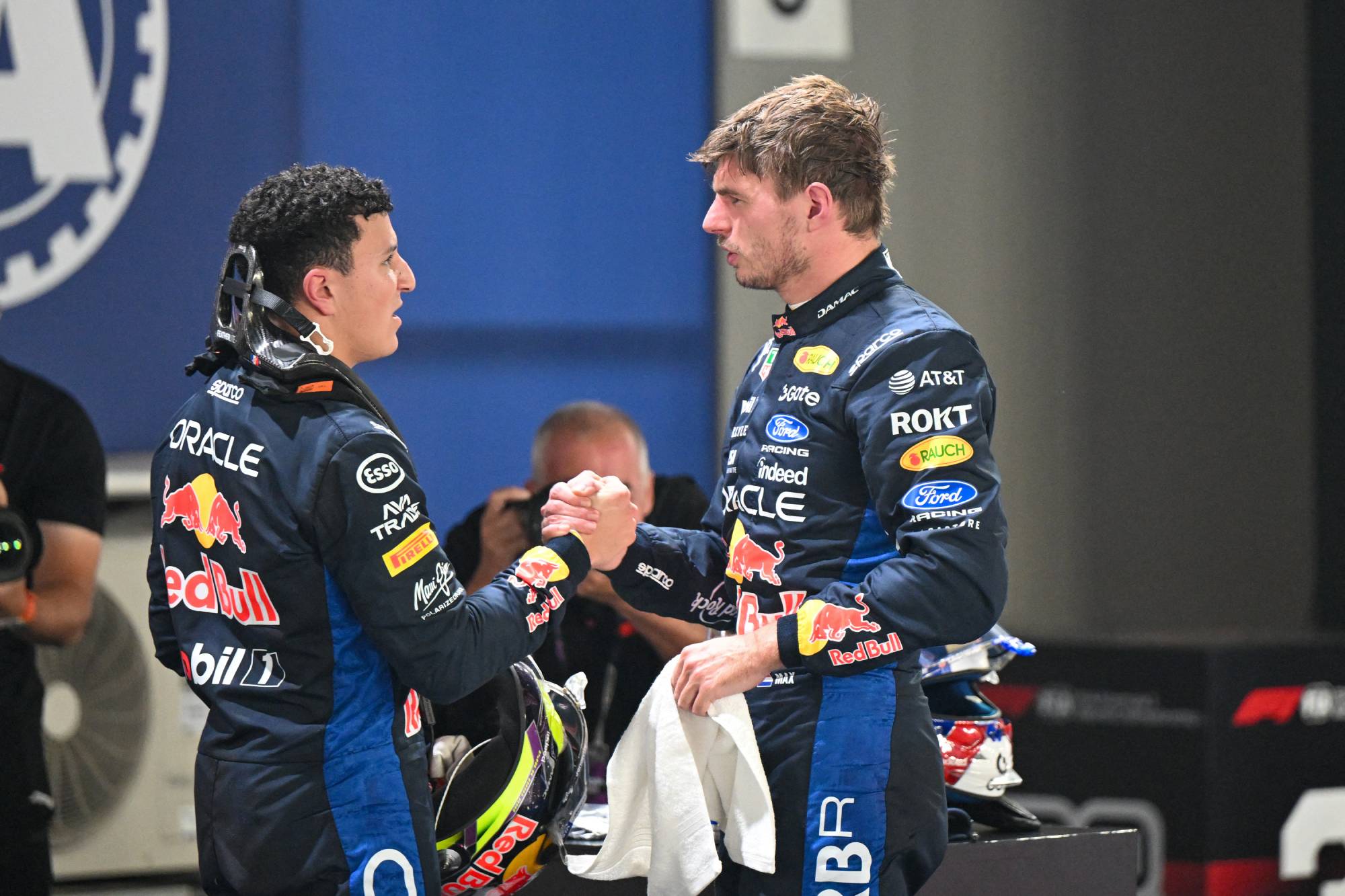 Isack Hadjar of France and Max Verstappen of the Netherlands participate in Sprint Qualifying for the Singapore Grand Prix at the Marina Bay Street Circuit in Singapore on October 9, 2026. (Photo by Alessio Morgese/NurPhoto)