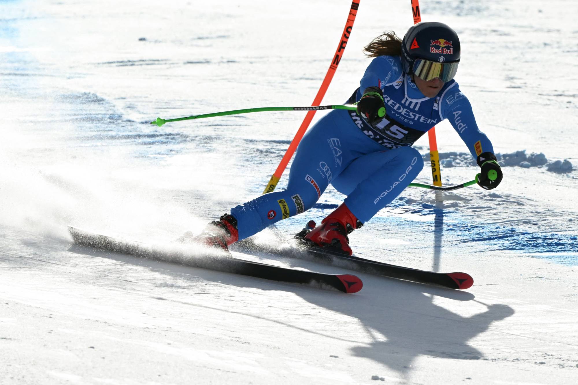 Italy's Sofia Goggia competes in the Women's Downhill race of the FIS Ski World Cup at the La Volata slope in the Passo San Pellegrino ski area, Val di Fassa, Italy on March 6, 2026. The downhill race is a recovery race that was originally scheduled in Crans Montana, Switzerland.