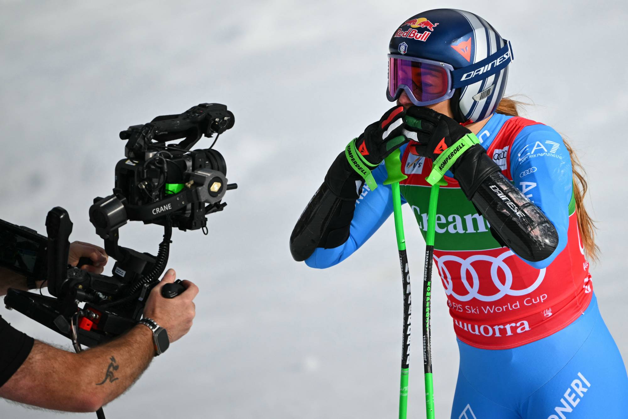 Italy's Sofia Goggia reacts after crossing the finish line of the women's super G race, part of the FIS Alpine Ski World Cup 2025-2026 in Soldeu on March 1, 2026.