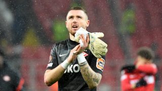 Spartak Moscow's Russian goalkeeper Aleksandr Selikhov celebrates after the UEFA Europa League football match between Spartak Moscow and Napoli at Moscow's Spartak Stadium on November 24, 2021.